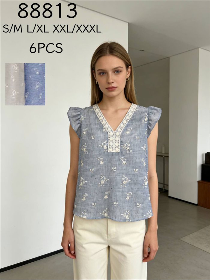 Bestickte Bluse mit Spitzenbesatz und Rüschen