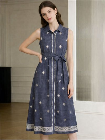 Vestido camisero midi bordado sin manga con cinturón