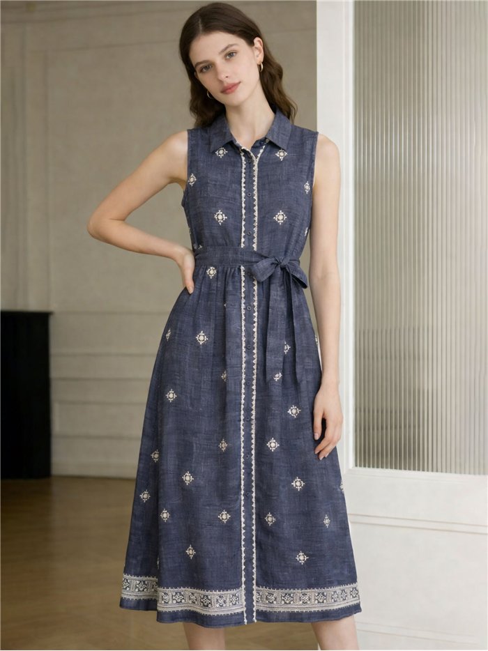 Vestido camisero midi bordado sin manga con cinturón