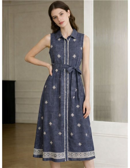Vestido camisero midi bordado sin manga con cinturón