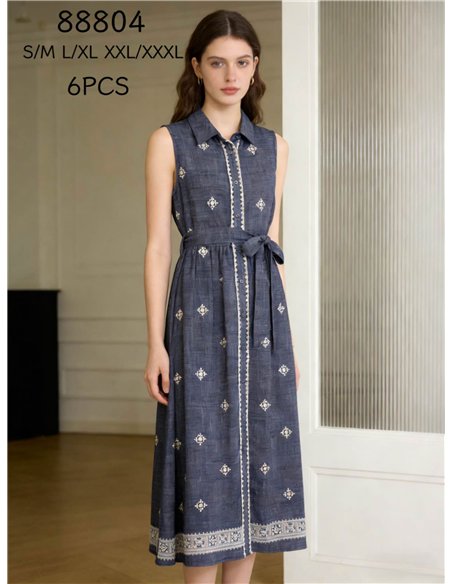 Vestido camisero midi bordado sin manga con cinturón