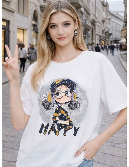 Camiseta girl happy con strass