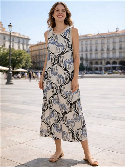 Robe midi sans manches à imprimé feuilles