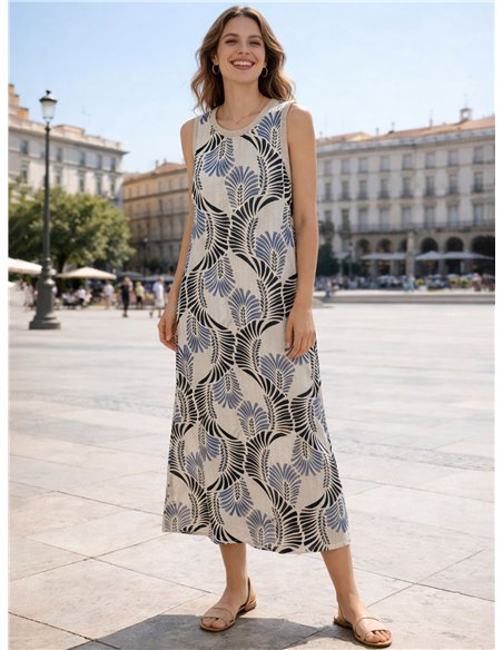 Robe midi sans manches à imprimé feuilles