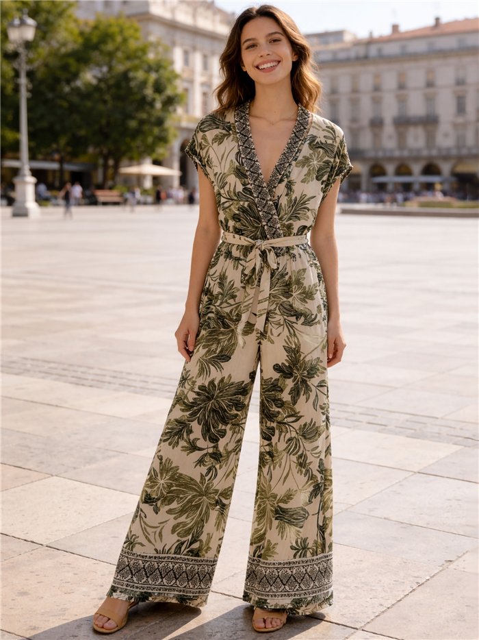 Tropical print wide-leg jumpsuit with belt