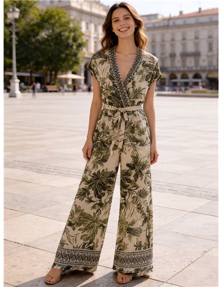 Tropical print wide-leg jumpsuit with belt