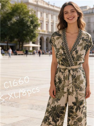 Tuta intera con stampa tropicale e cintura 2