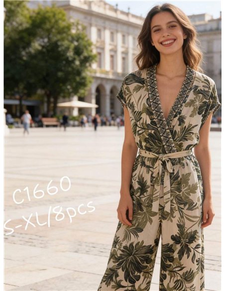Tropical print wide-leg jumpsuit with belt