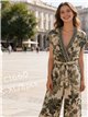 Tropical print wide-leg jumpsuit with belt