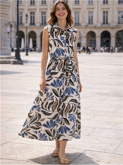 Robe midi sans manches à imprimé feuilles et fils d'or