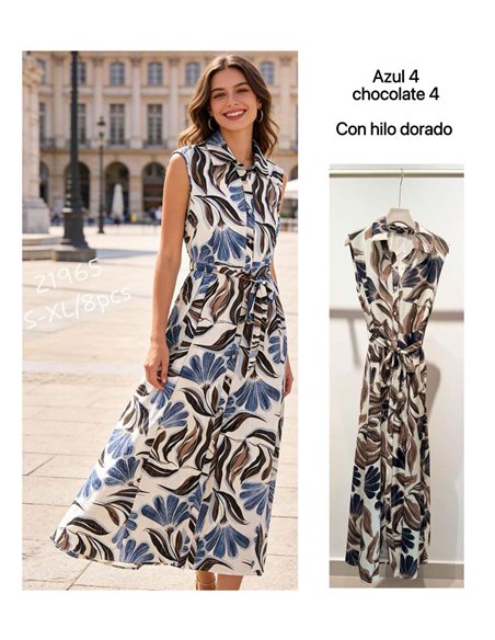 Robe midi sans manches à imprimé feuilles et fils d'or