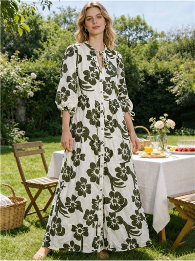 Abito lungo a fantasia floreale con maniche a sbuffo a 3/4.