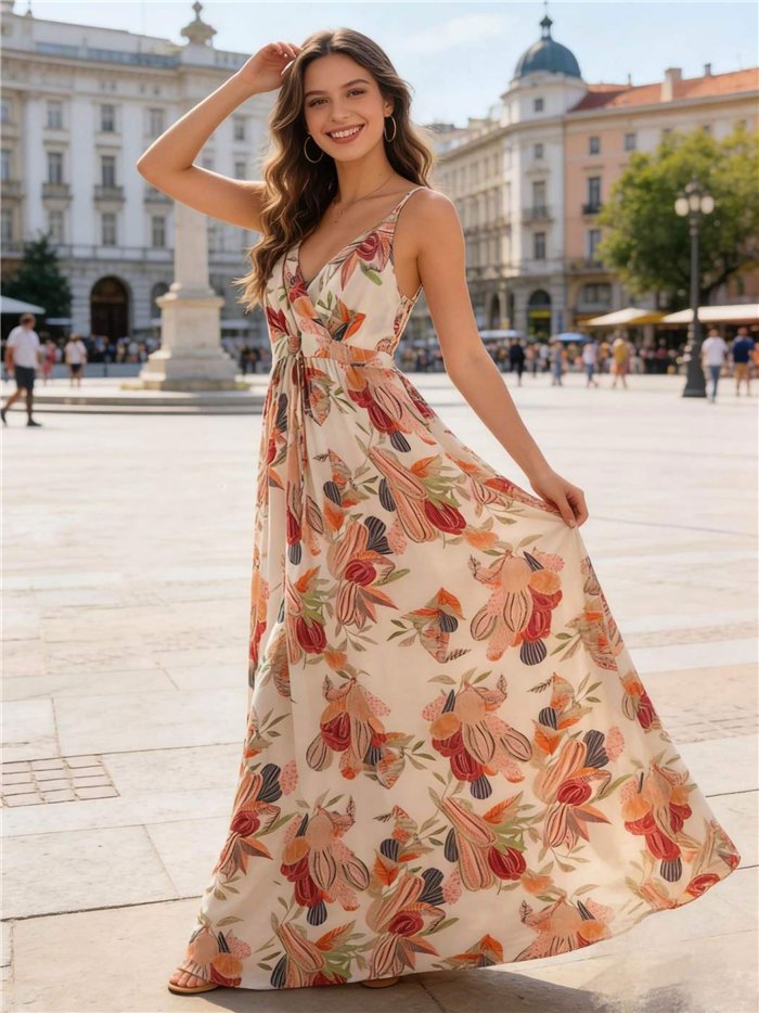 Vestido largo de tirantes estampado floral cálido