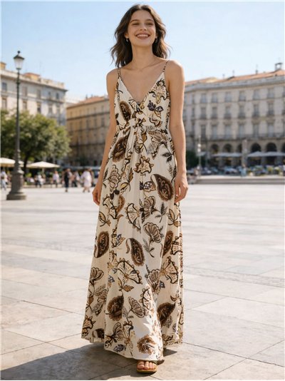 Vestido largo de tirantes estampado con hilo dorado