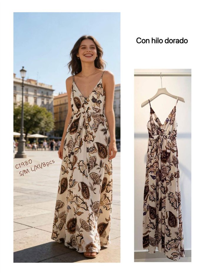 Vestido largo de tirantes estampado con hilo dorado