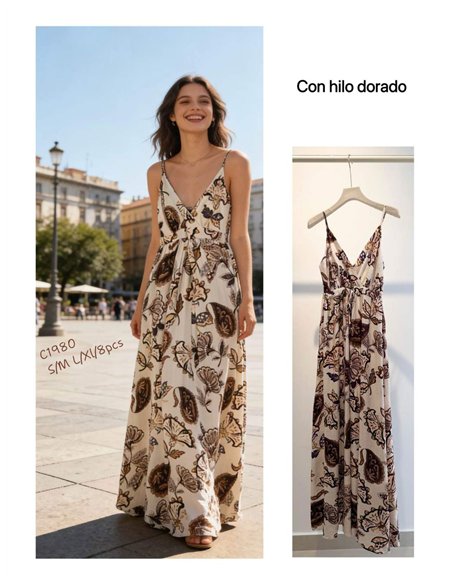 Vestido largo de tirantes estampado con hilo dorado
