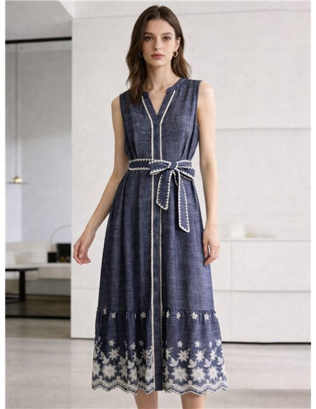 Besticktes ärmelloses Midikleid mit Gürtel