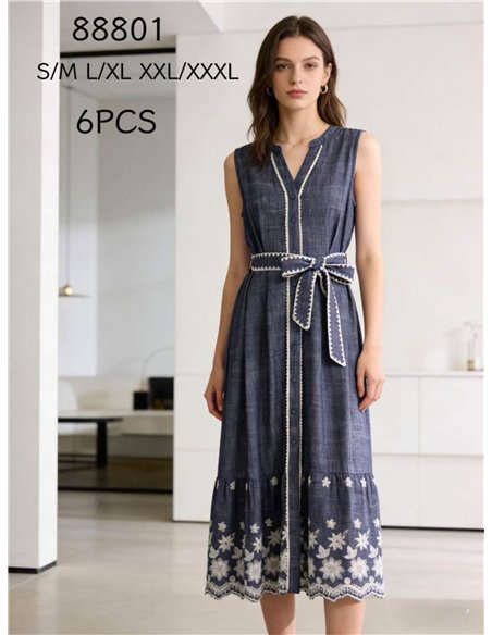 Besticktes ärmelloses Midikleid mit Gürtel