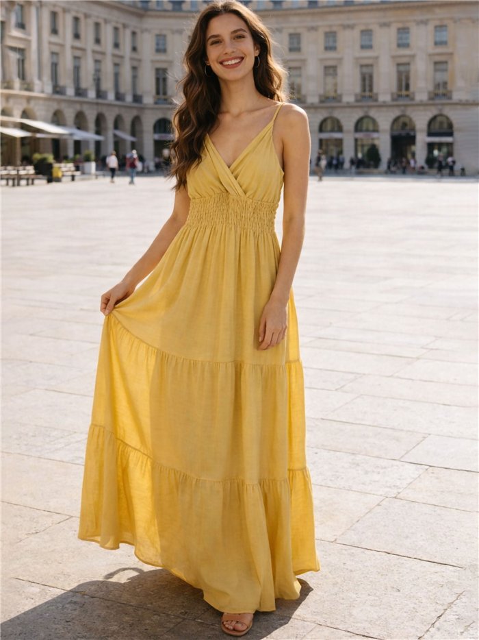 Vestido largo liso de tirantes con cintura fruncida