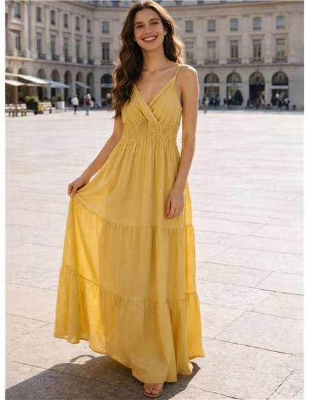 Vestido largo liso de tirantes con cintura fruncida