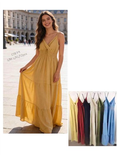 Vestido largo liso de tirantes con cintura fruncida 2