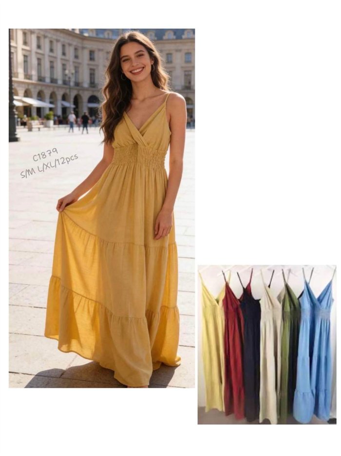 Vestido largo liso de tirantes con cintura fruncida