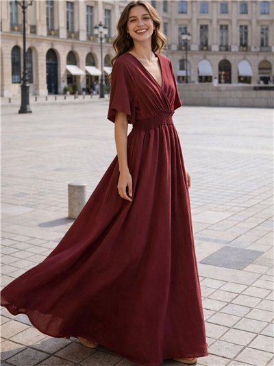 Vestido largo cruzado de manga corta con cintura elástica