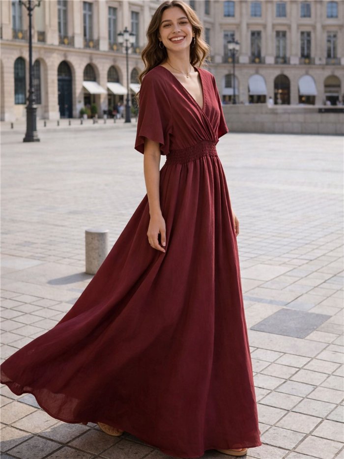 Vestido largo cruzado de manga corta con cintura elástica