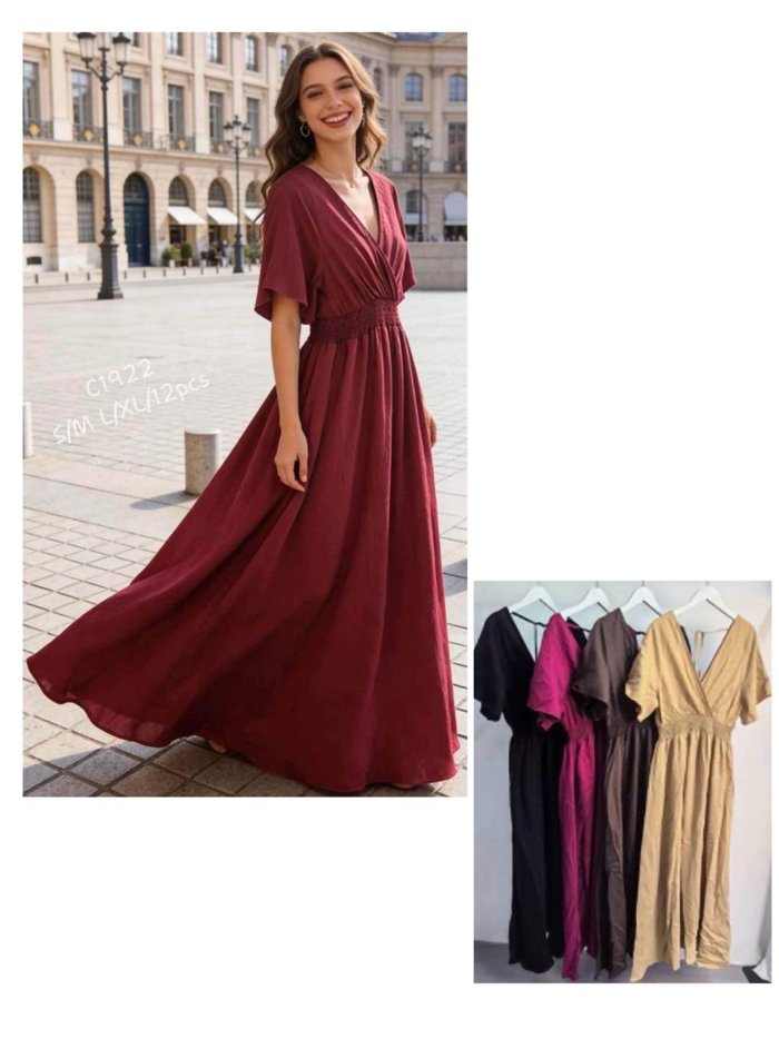 Vestido largo cruzado de manga corta con cintura elástica