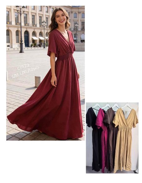 Vestido largo cruzado de manga corta con cintura elástica