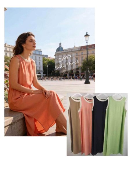 Vestido midi liso sin mangas con escote redondo