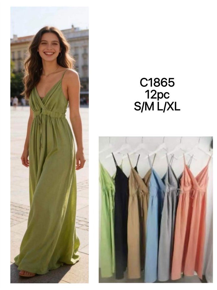 Vestido largo liso de tirantes con escote cruzado