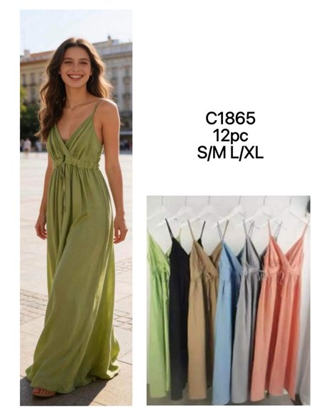 Vestido largo liso de tirantes con escote cruzado