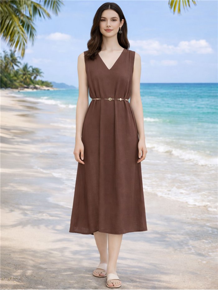 Vestido midi sin mangas con detalle abalorios en cintura