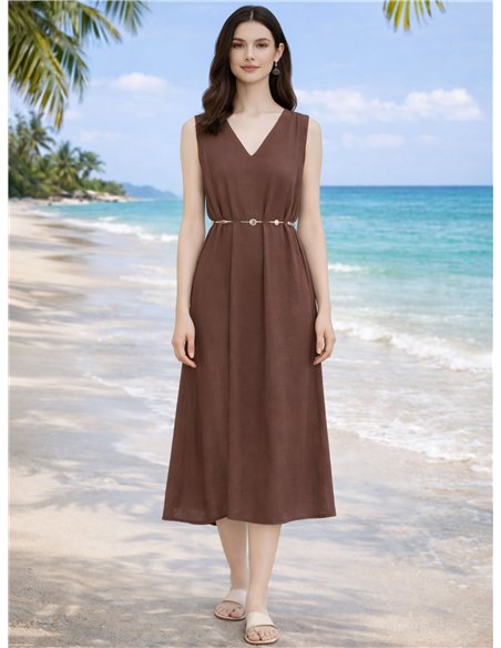 Vestido midi sin mangas con detalle abalorios en cintura