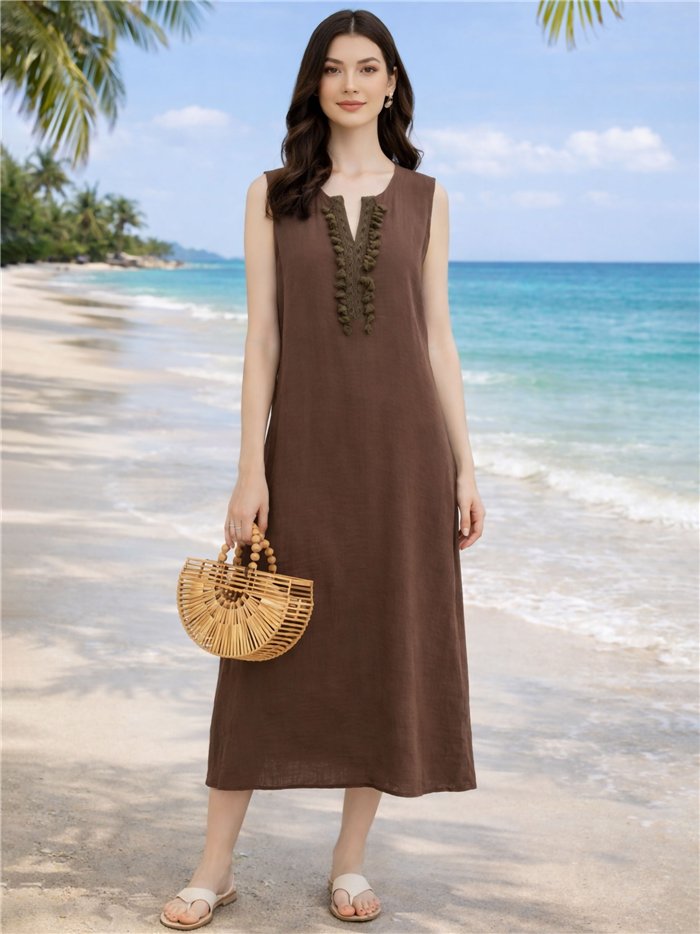 Vestido midi recto sin mangas con detalle borlas