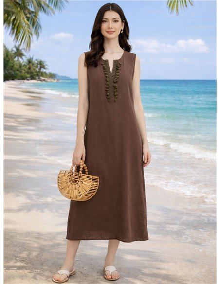 Vestido midi recto sin mangas con detalle borlas