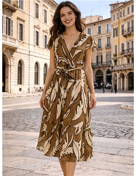 Vestido midi cruzado estampado tropical con lazada