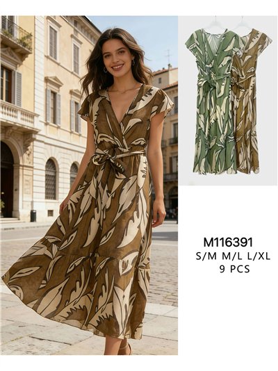 Vestido midi cruzado estampado tropical con lazada 2