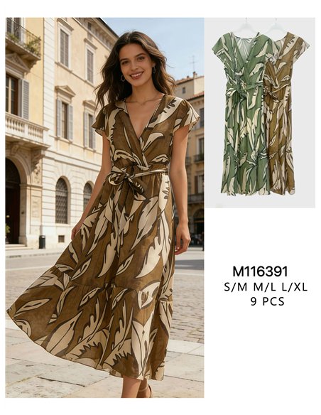 Vestido midi cruzado estampado tropical con lazada