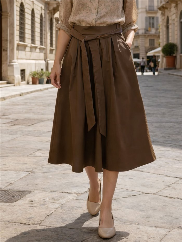 Jupe midi unie avec ceinture nouée