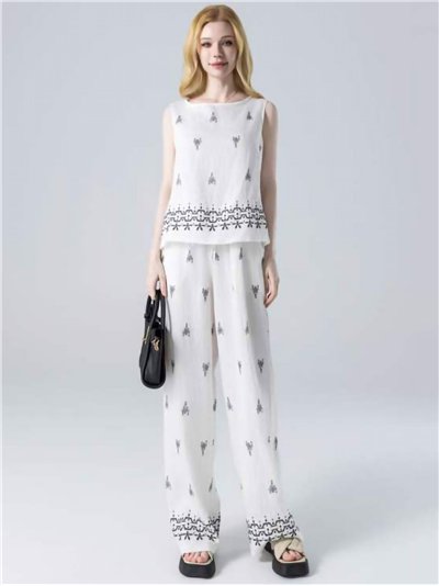 Conjunto top estampado efecto lino y pantalón wide-leg