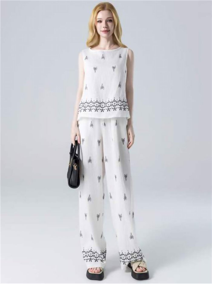 Conjunto top estampado efecto lino y pantalón wide-leg