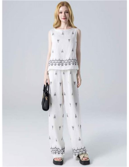 Conjunto top estampado efecto lino y pantalón wide-leg
