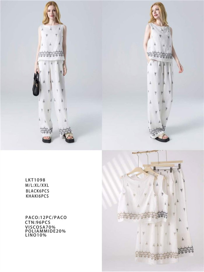 Conjunto top estampado efecto lino y pantalón wide-leg