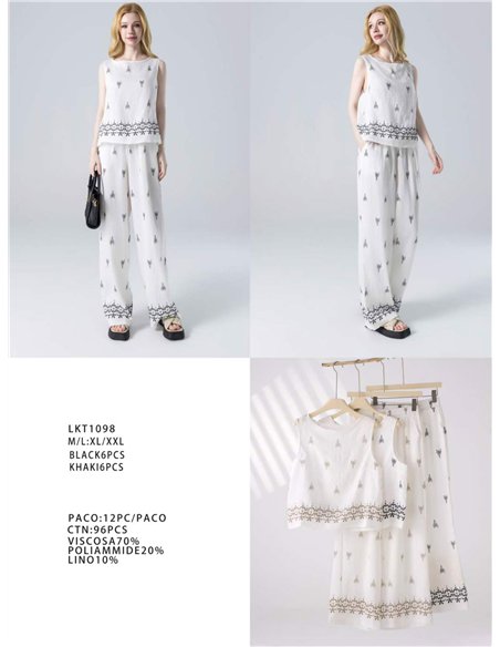 Conjunto top estampado efecto lino y pantalón wide-leg