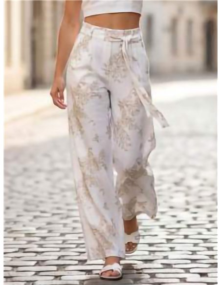 Calças palazzo com amarração e estampa ornamental.