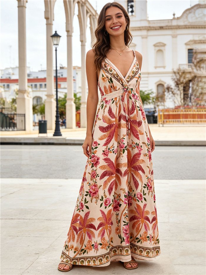 Vestido largo cruzado estampado tropical