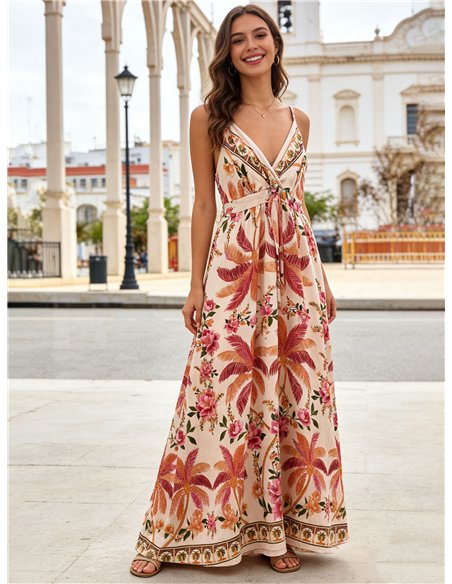 Vestido largo cruzado estampado tropical