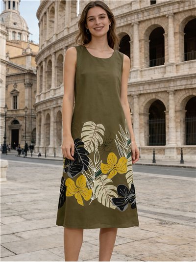 Vestido midi sin mangas con estampado floral tropical